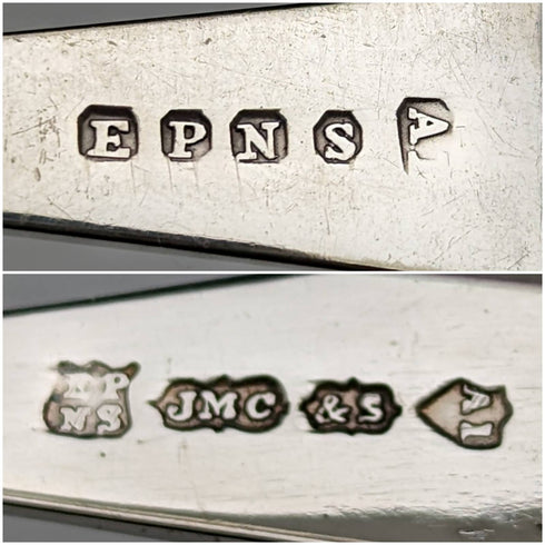 English antique silver plate teaspoon 12 sugar tongs set in case